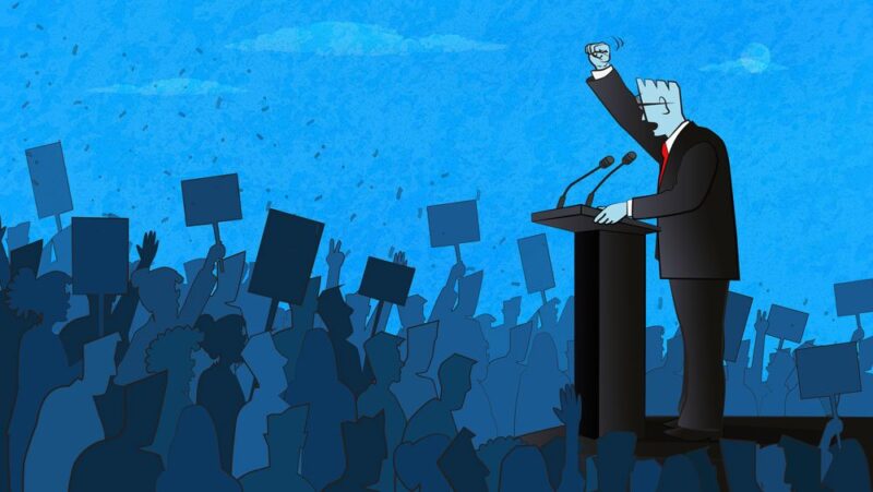An illustration showing a man in a suit speaking emphatically in front of a large crowd waving signs